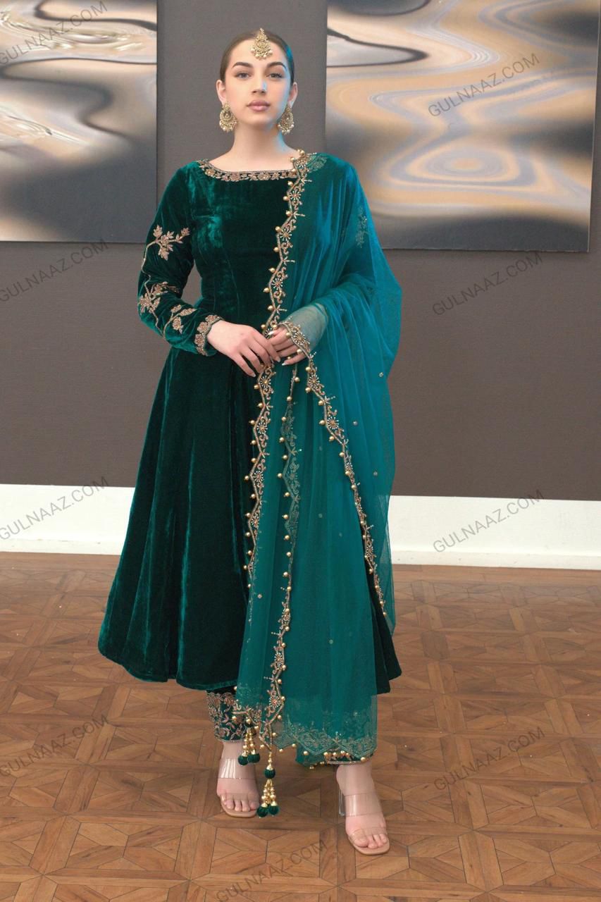 Gulnaz Khan Zafira Green Luxury Velvet Dress Embroidered 3 piece Unstitched