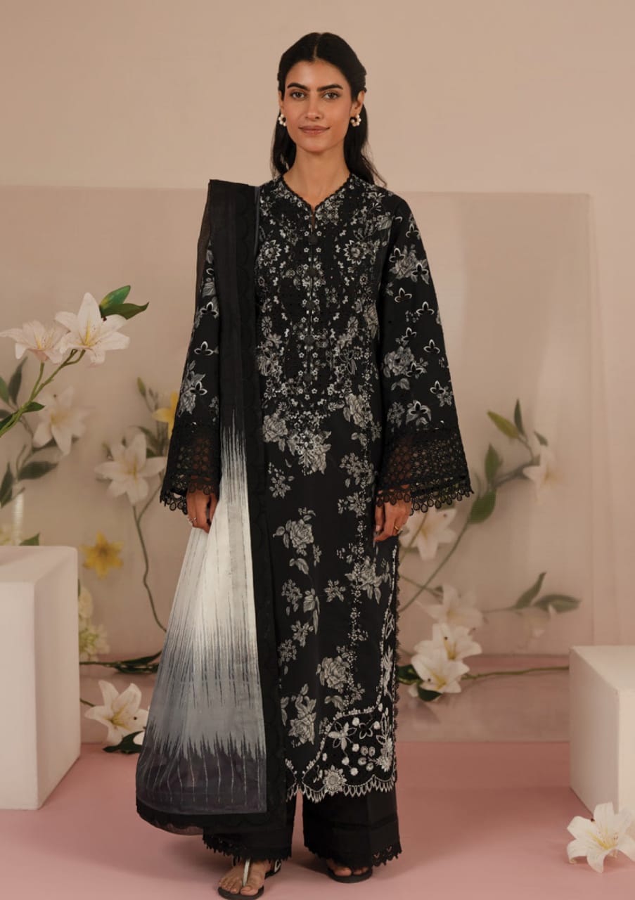 Afrozeh Black Chikan kari Embroidery Lawn 3 Piece Unstitched