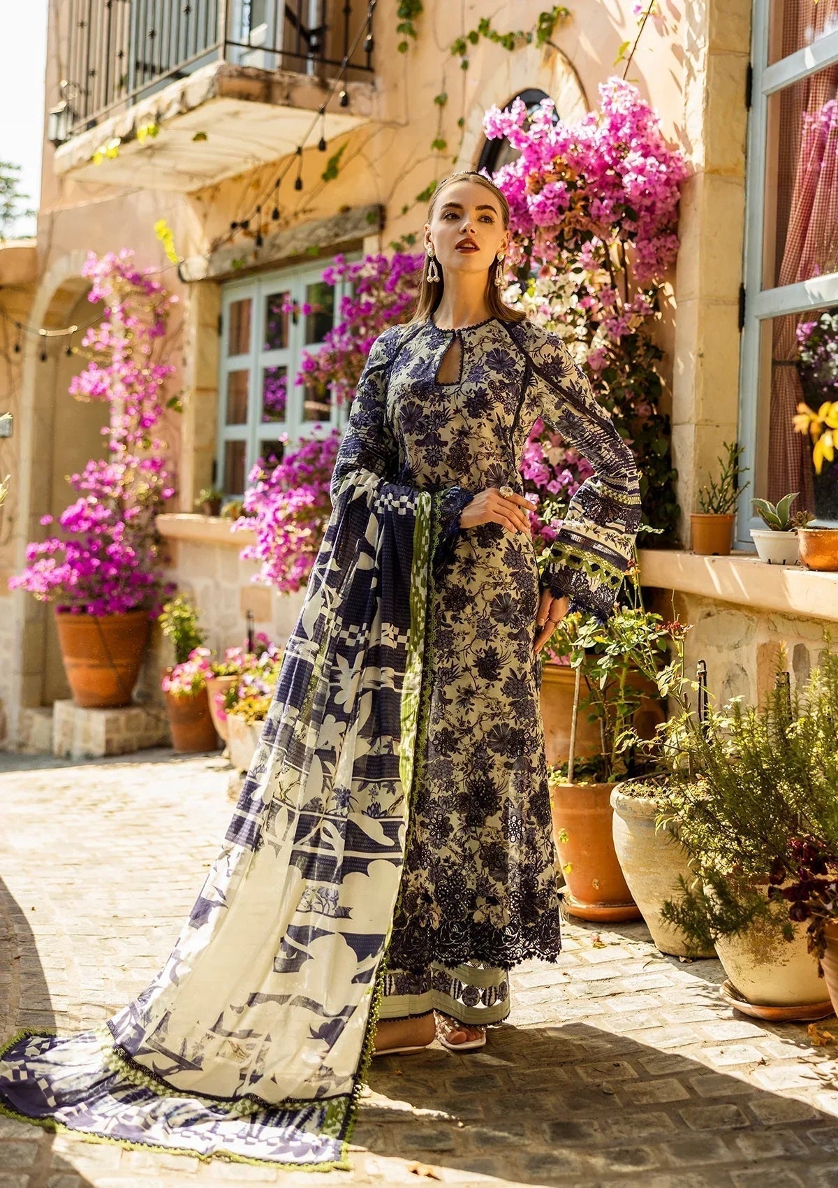 Elaf Chikankari Luxury Lawn'25 Embroidered 3 Piece Unstitched ELK-01A Blue Blossom