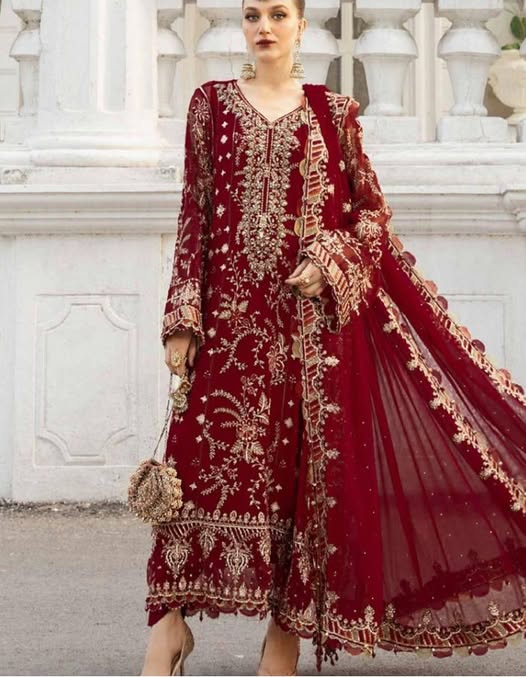 Maria.B Luxury Chiffon Maroon Dress Embroidered 3 Piece Unstitched