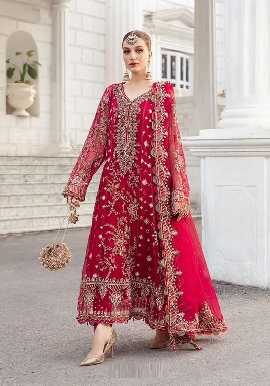 Maria.B Luxury Chiffon Red Dress Embroidered 3 Piece Unstitched