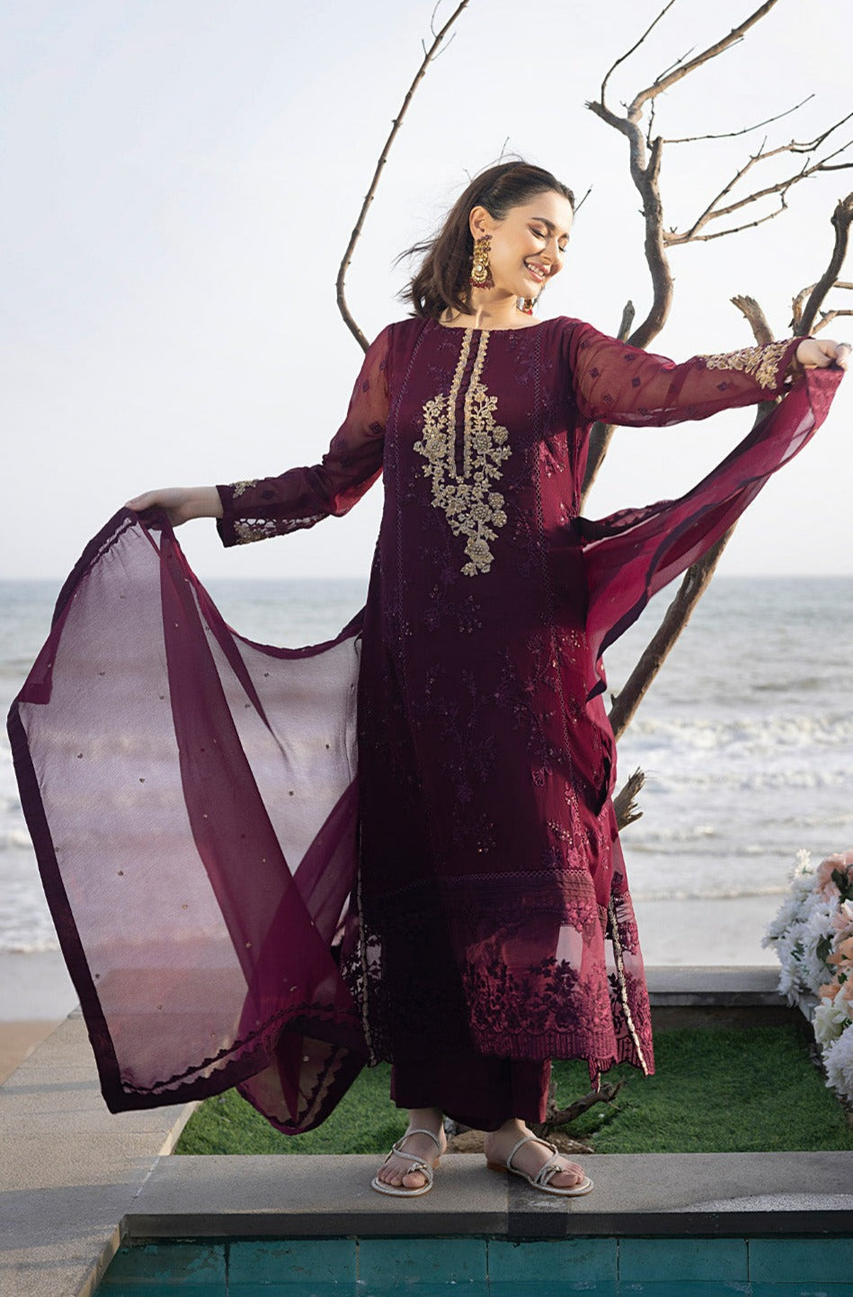 3 Piece Unstitched - Sequins Embroidered Chiffon PN-007 | Azure