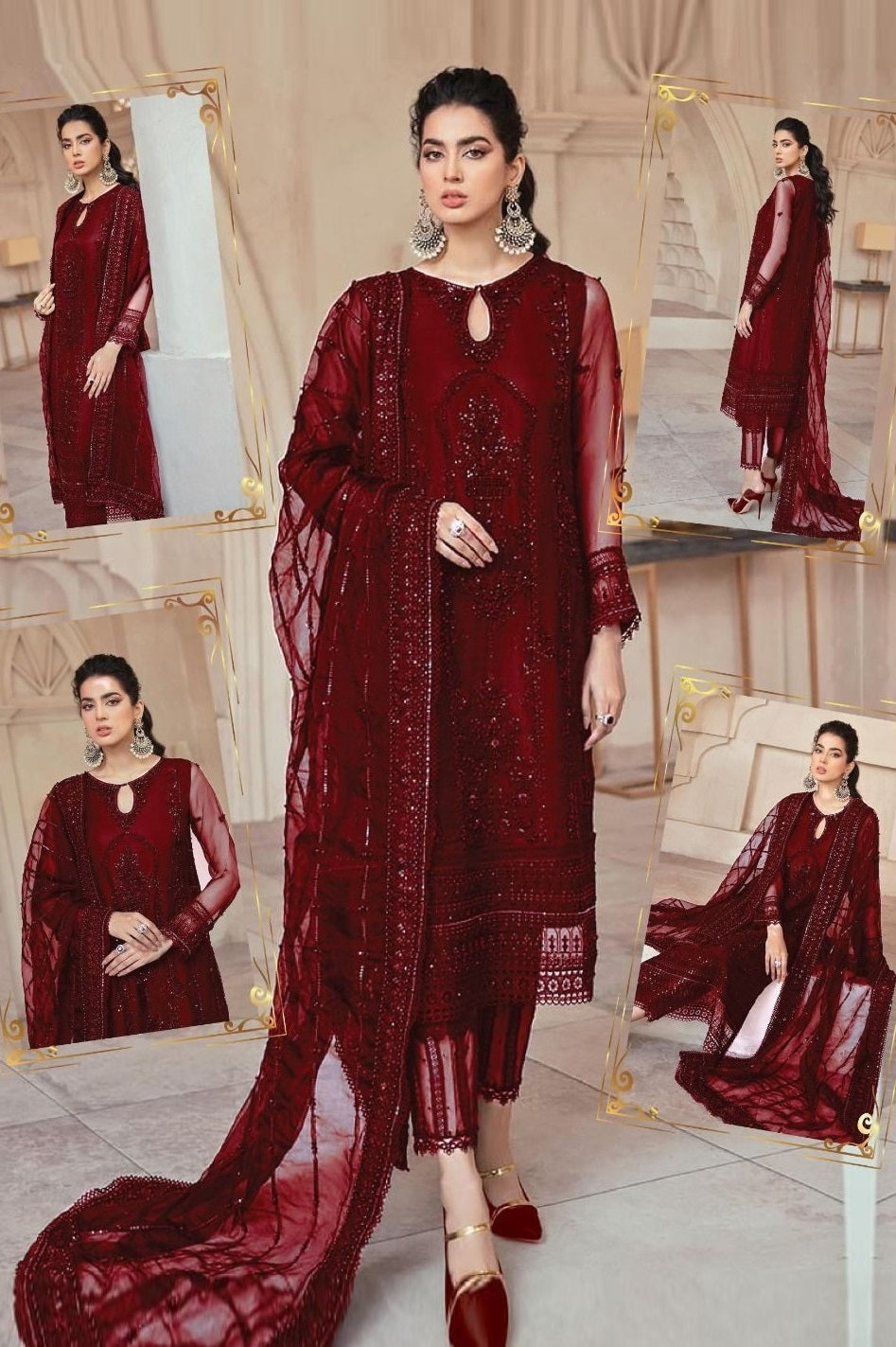Mushq Maroon Formal Net Embroidered With Handwork 3 Piece Unstitched