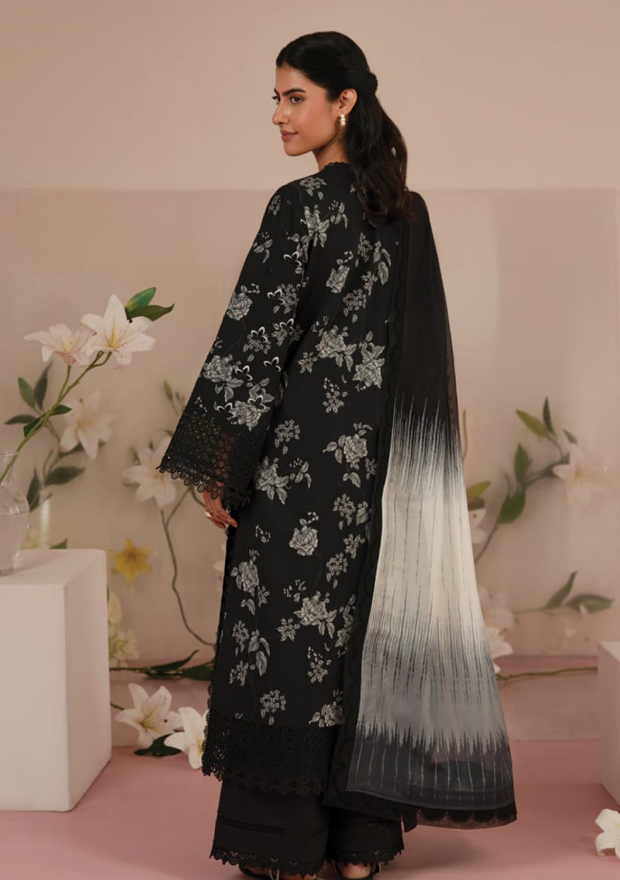 Afrozeh Black Chikan kari Embroidery Lawn 3 Piece Unstitched